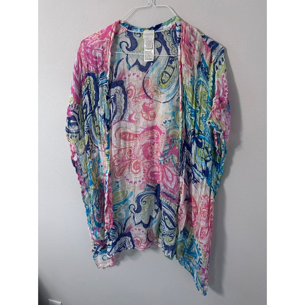 Chico's Kimono Cardigan L/XL Multi-Color 100% Linen Paisley Open Front